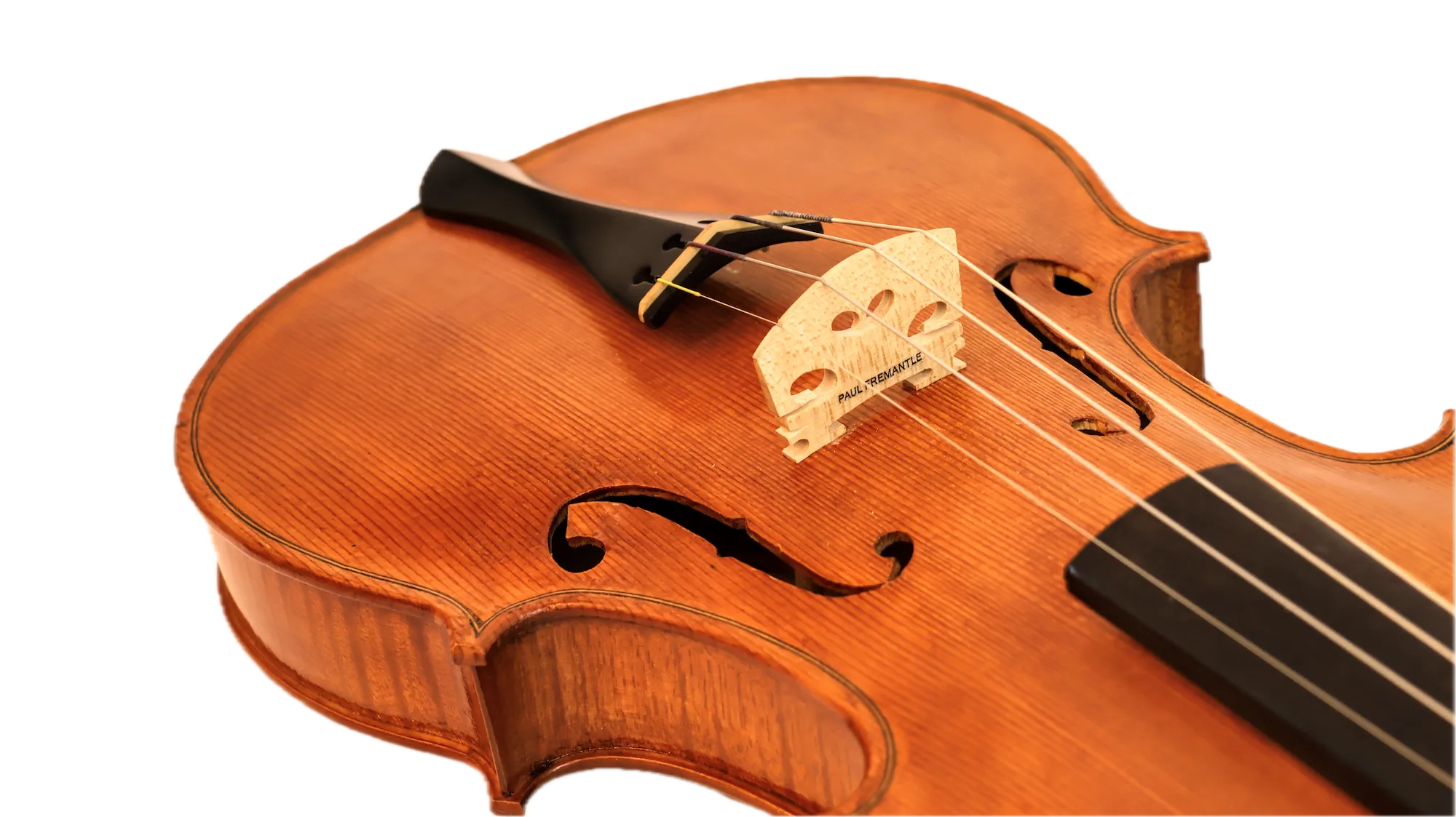 Close-up of a handcrafted fiddle showing the warm wood grain and expert craftsmanship of the scroll and pegs